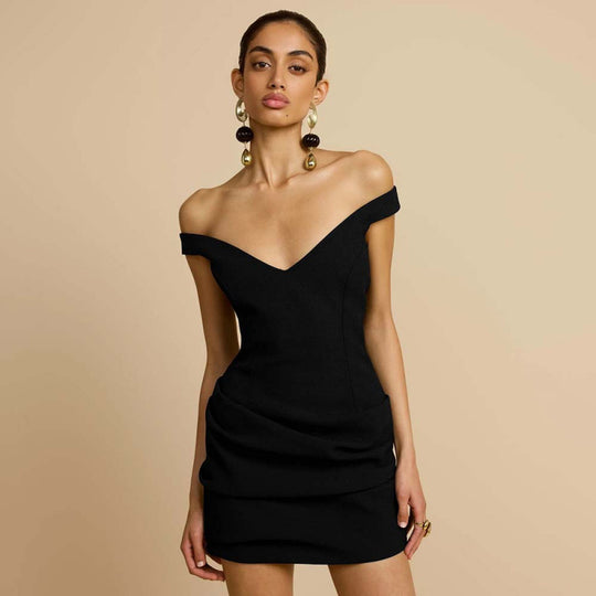 Damen elegante Off-Shoulder Minikleid mit tiefem V-Ausschnitt und gerafftem Saum EB