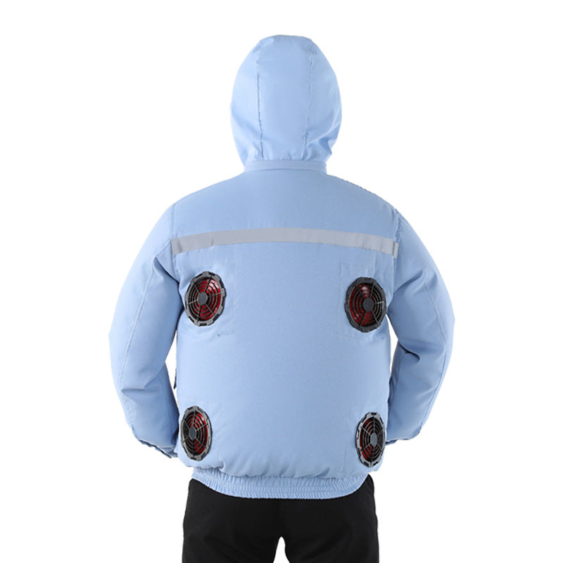 Unisex nan ventilated jacket for work and outdoor with integrated USB fans, battery compartment and hood EB