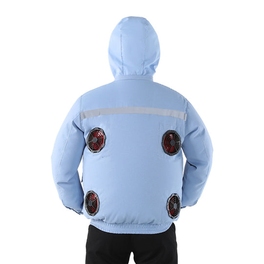 Unisex nan ventilated jacket for work and outdoor with integrated USB fans, battery compartment and hood EB
