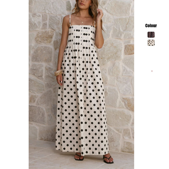 Damen Maxikleid mit verspieltem Punkte-Muster und schulterfreien Trägern EB