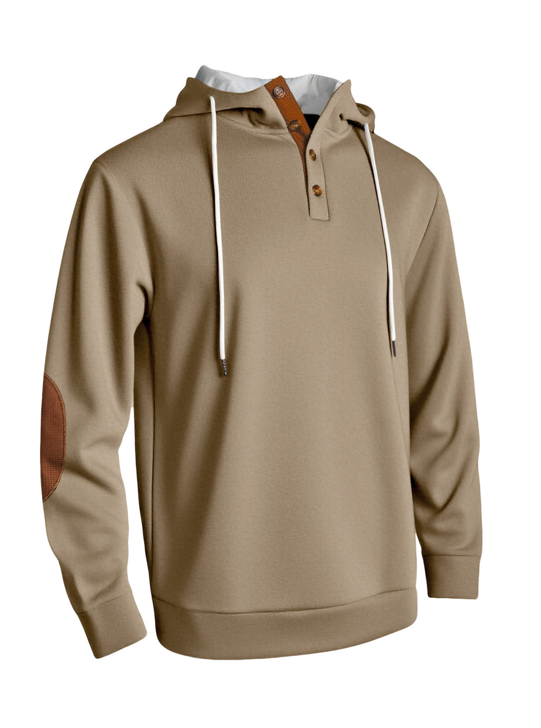 Herren nan Kapuzenpullover im puristischen Freizeitstil mit Henley-Knopfleiste, kontrastierter Kapuzeninnenseite und Ellenbogenaufnähern EB