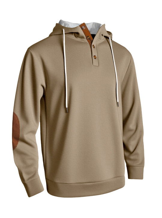 Herren nan Kapuzenpullover im puristischen Freizeitstil mit Henley-Knopfleiste, kontrastierter Kapuzeninnenseite und Ellenbogenaufnähern EB