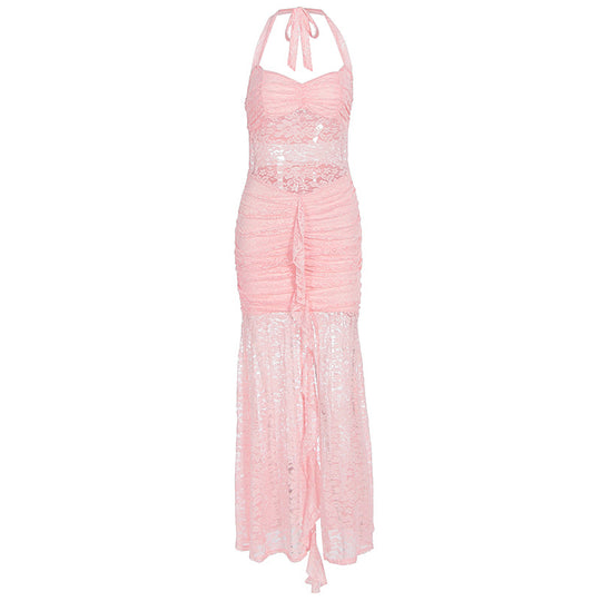 Damen Raffiniertes Maxikleid mit Spitzenakzenten und tiefem Schlitz EB