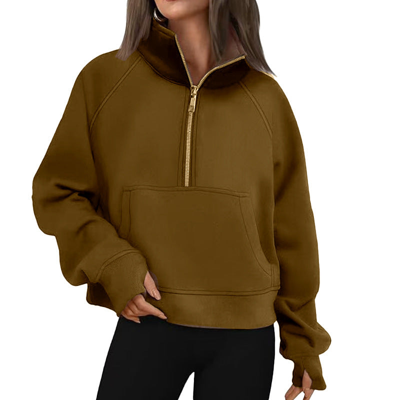 Damen nan kurzer Halfzip-Sweater mit hohem Stehkragen, Kängurutasche und verlängerten Daumenlöchern EB