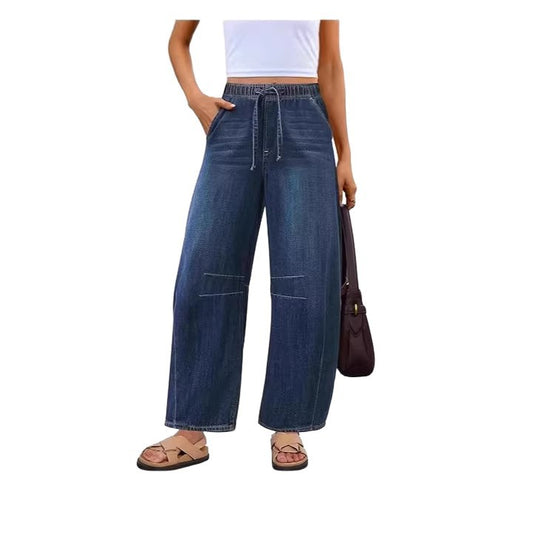 Damen weite Denim-Hose mit elastischem Bund und praktischem Schnitt EB