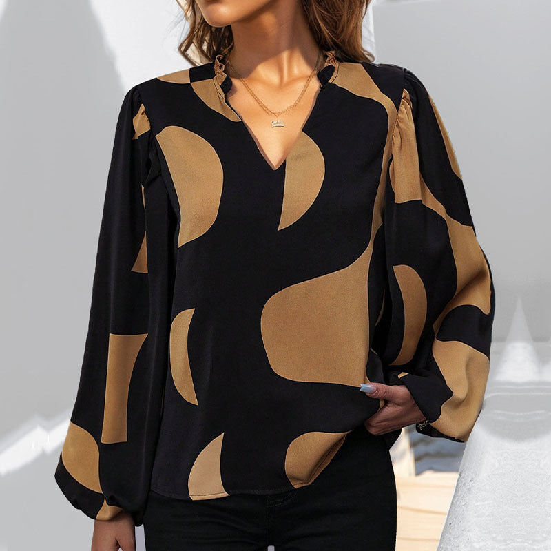 Damen Bluse mit Modischem V-Ausschnitt und Einzigartigem Muster EB