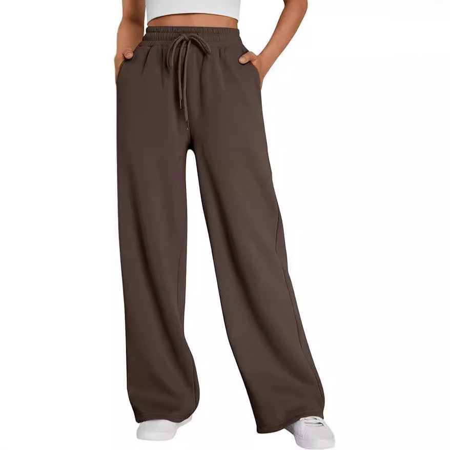 Damen nan weite Loungehose mit hohem Elastikbund, verstellbarem Kordelzug und fließender Palazzosilhouette EB