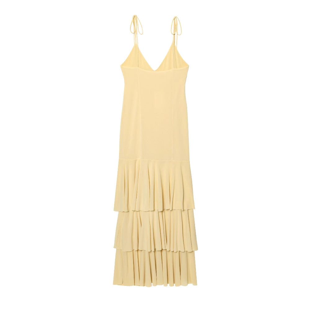 Damen Maxikleid mit voluminösen Rüschendetails und verstellbaren Spaghetti-Trägern EB