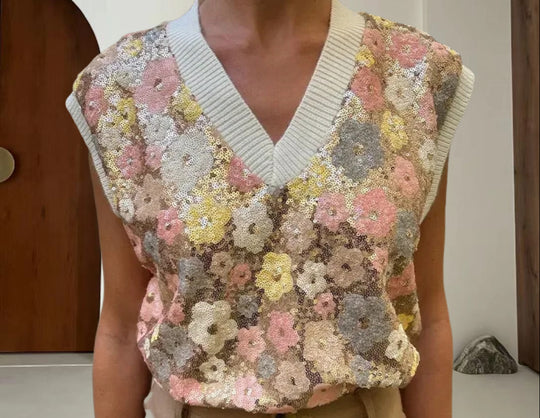 Damen Glamouröses Strickoberteil mit Blumenapplikationen und funkelnden Pailletten EB