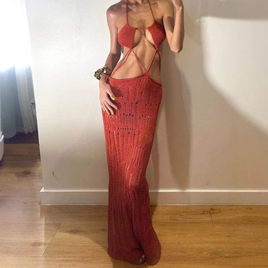 Damen Maxikleid mit raffiniertem Cut-Out-Design und zarten Trägern EB