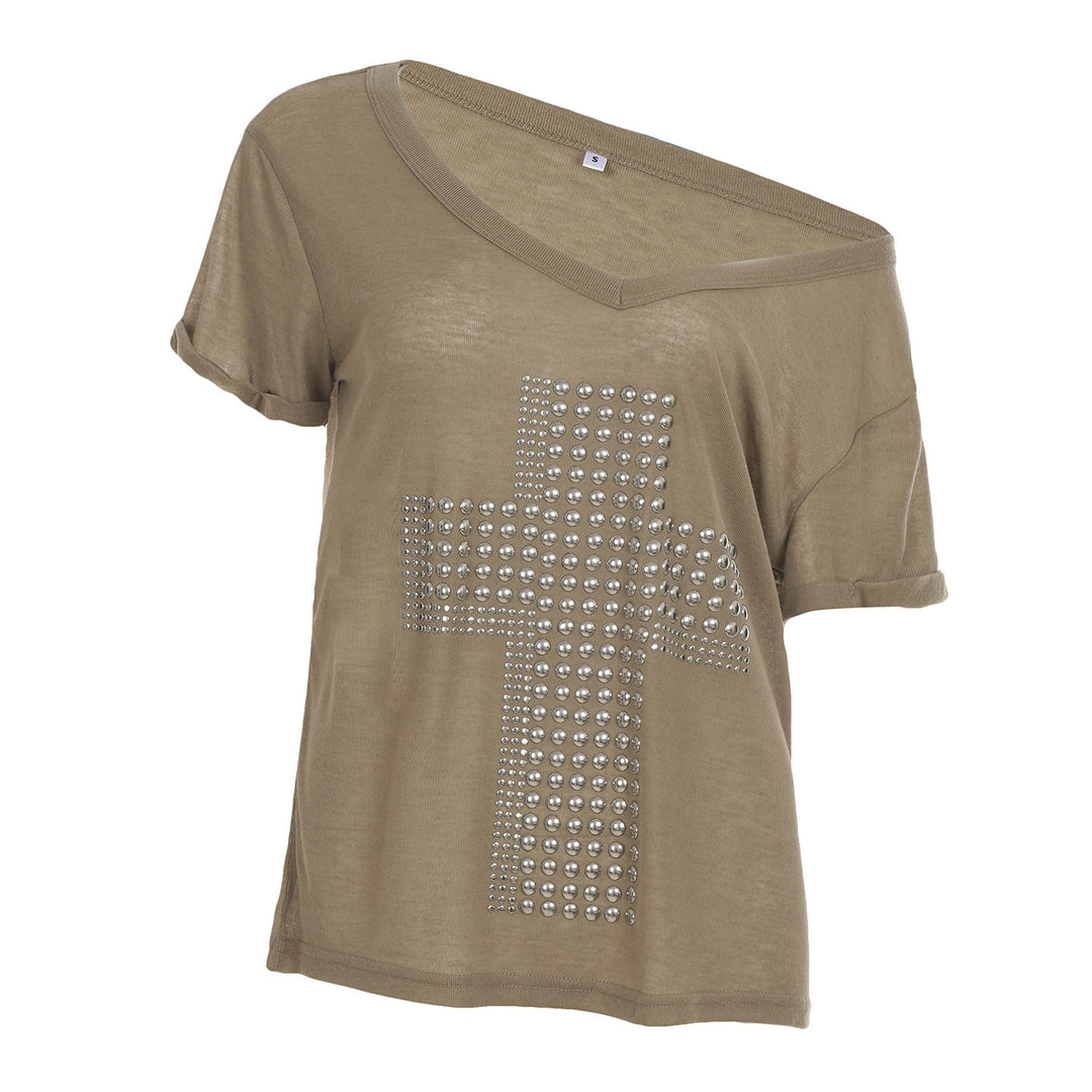 Damen V-Ausschnitt T-Shirt mit stilvollem Nieten-Dekor EB