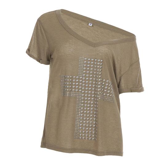 Damen V-Ausschnitt T-Shirt mit stilvollem Nieten-Dekor EB