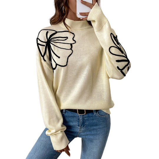 Damen Strickpullover mit floralem Design und hohem Kragen EB