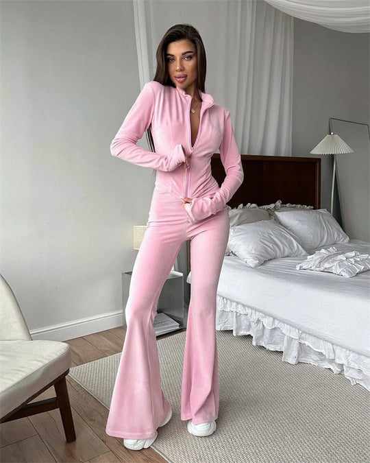 Damen nan taillierter Velours-Overall mit Halbzip, Kapuze und ausgestelltem Schlag EB