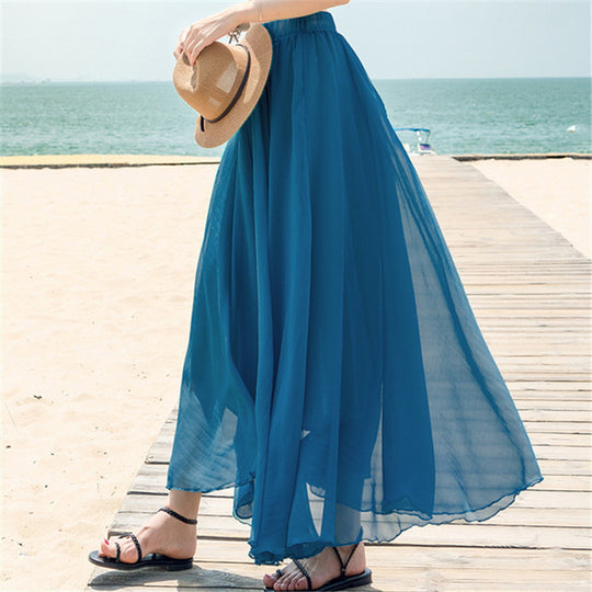 Damen nan fließender Maxirock aus Chiffon mit elastischem Bund und mehrlagigem Volant EB