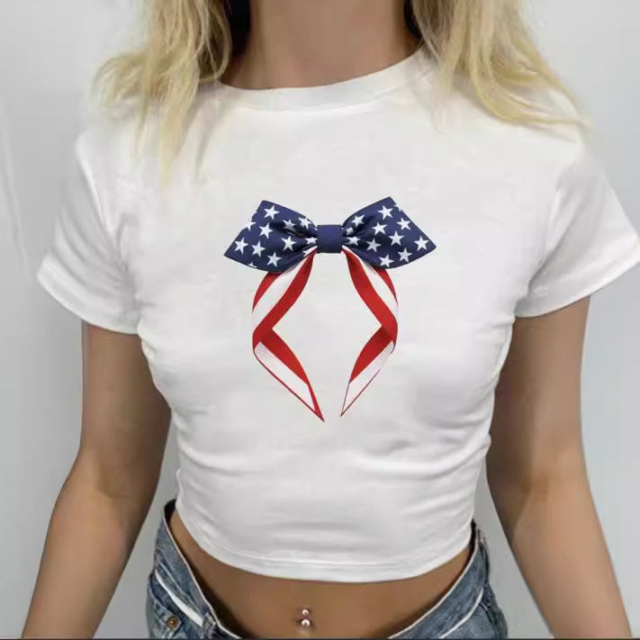 Damen Crop-T-Shirt mit kreativen Schleifen-Details EB