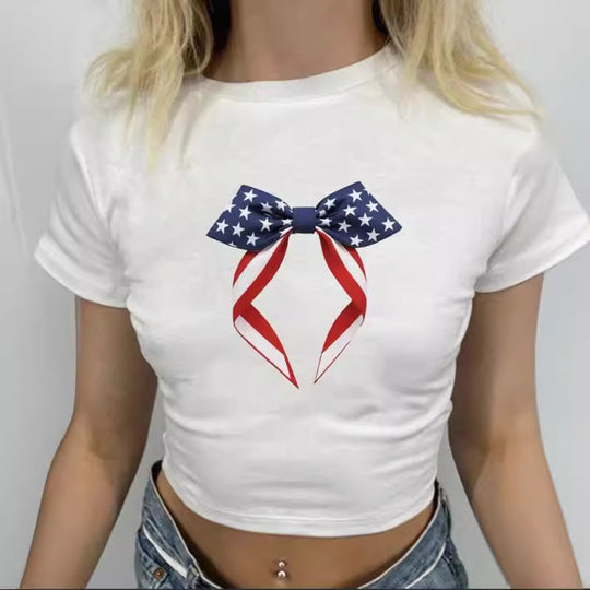 Damen Crop-T-Shirt mit kreativen Schleifen-Details EB