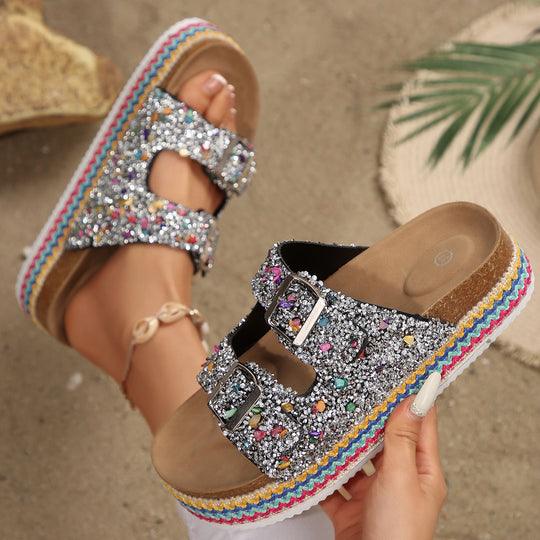 Damen Glitzernde Plateau-Sandalen mit Doppelschnalle und mehrfarbigem Boden EB