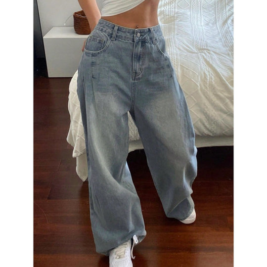 Damen weite High-Waist Jeans mit dekorativen Taschen EB