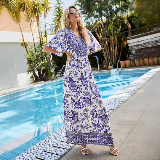 Damen Maxi-Kleid mit floralem Design und seitlichem Schlitz EB