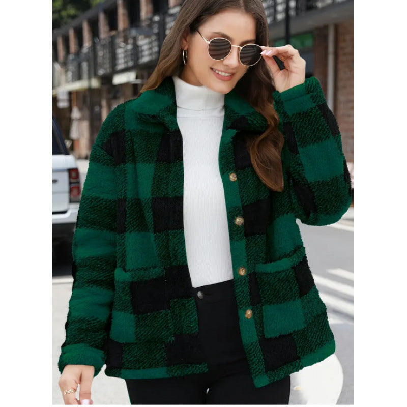 Damen kuschelige Plüschjacke mit Karomuster EB