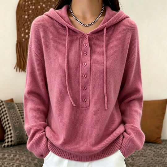 Damen Kapuzenpullover aus weichem Feinstrick mit Knopfleiste und relaxed Fit EB