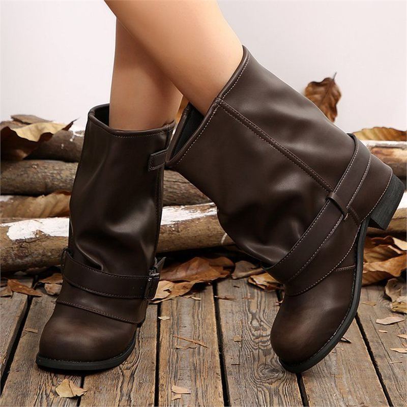 Damen Biker-Stiefel mit lässig geschlagenem Schaft, Schnallenriemen und niedrigem Blockabsatz EB