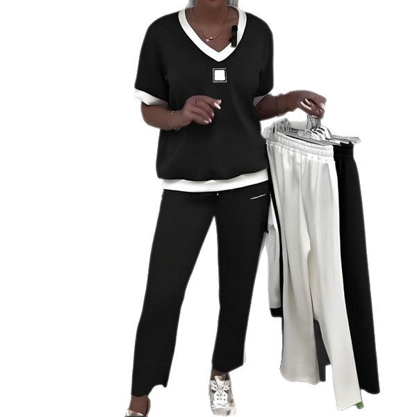Damen nan zweiteiliges sportlich-elegantes Jersey-Set mit V-Ausschnitt, breiten Bündchen und seitlichem Streifen EB