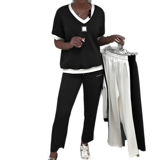 Damen nan zweiteiliges sportlich-elegantes Jersey-Set mit V-Ausschnitt, breiten Bündchen und seitlichem Streifen EB