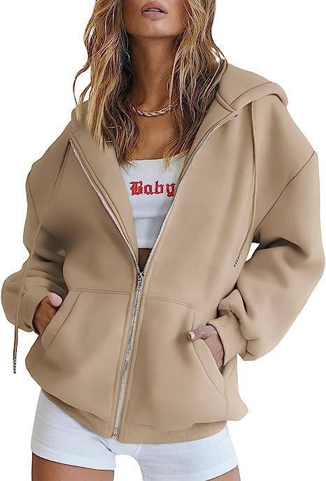Damen nan oversized Kapuzenjacke mit durchgehendem Reißverschluss Kängurutaschen und weichem Sweatmaterial EB