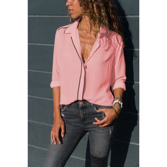 Damen Elegante Bluse mit Kontrastpaspel, V‑Ausschnitt und krempelbaren Ärmeln EB