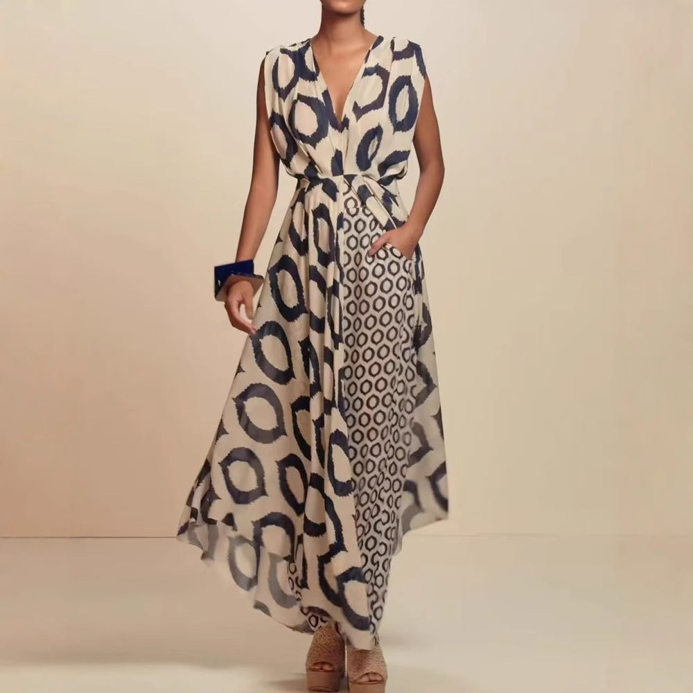 Damen Eleganter Jumpsuit mit Wickelgürtel und geometrischem Muster EB
