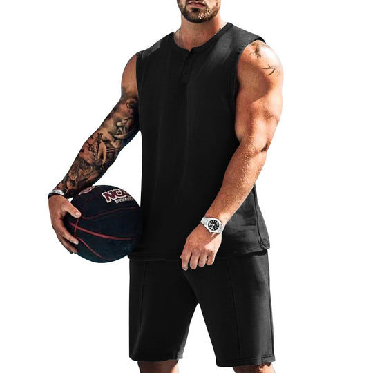 Herren sportliches Trainingsoutfit mit ärmellosem Oberteil und Shorts EB