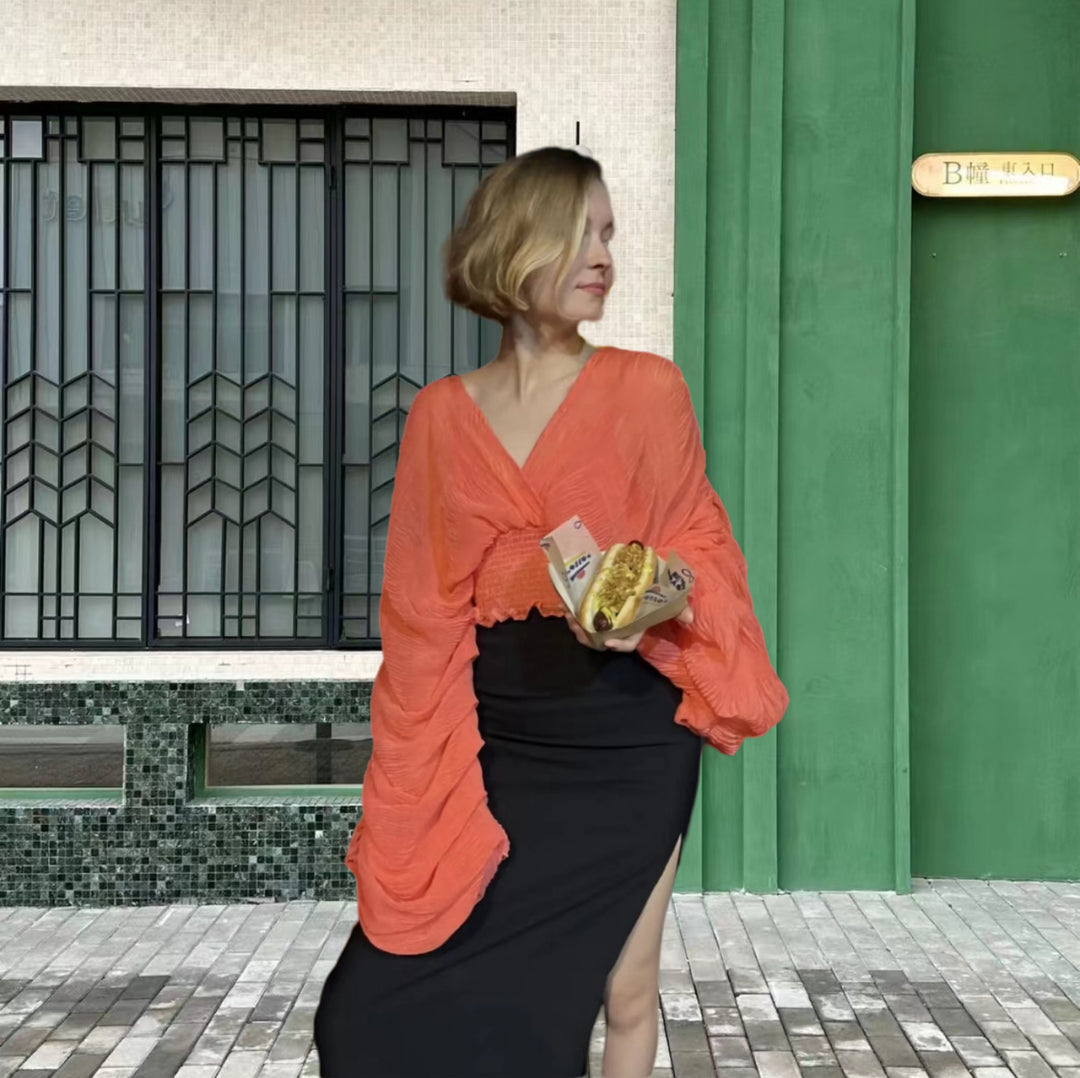 Damen Wickelbluse mit voluminösen Ärmeln und elegantem Design EB