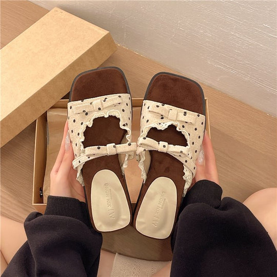 Damen elegante Slipper Sandalen mit Lochdesign und dekorativen Schleifen EB