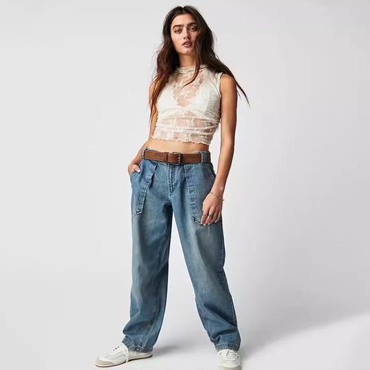 Damen Lässige High-Waist Jeans mit praktischen Seitentaschen EB