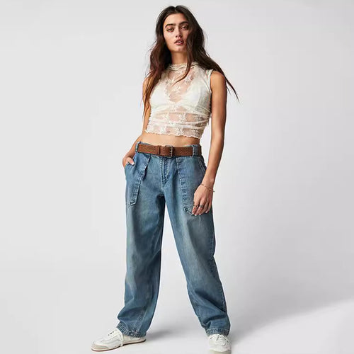 Damen Lässige High-Waist Jeans mit praktischen Seitentaschen EB