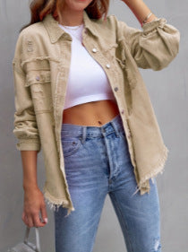 Damen Stylische Overshirt-Jacke mit fransigem Saum EB