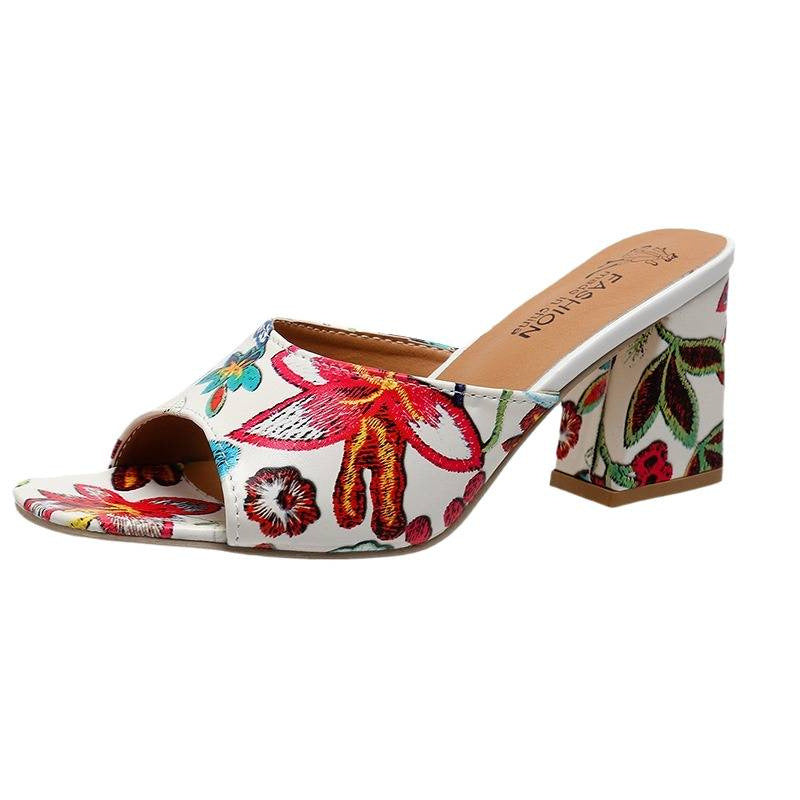 Damen Designermules mit floralem Musterdruck und Blockabsatz EB