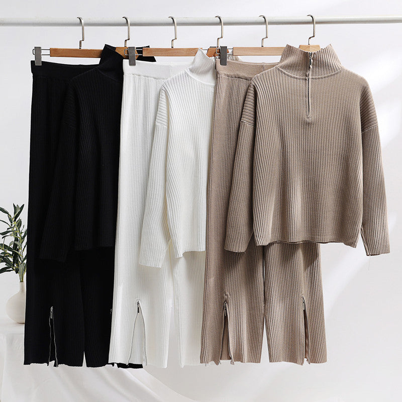 Damen lässiges Strickensemble mit hohem Kragen und seitlichen Schlitzen EB