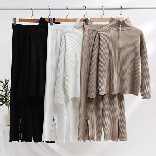 Damen lässiges Strickensemble mit hohem Kragen und seitlichen Schlitzen EB