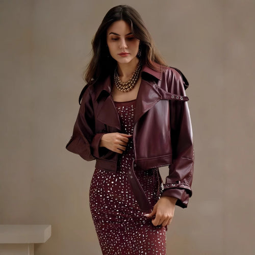 Damen modische Bikerjacke im trendigen Cropped-Stil EB