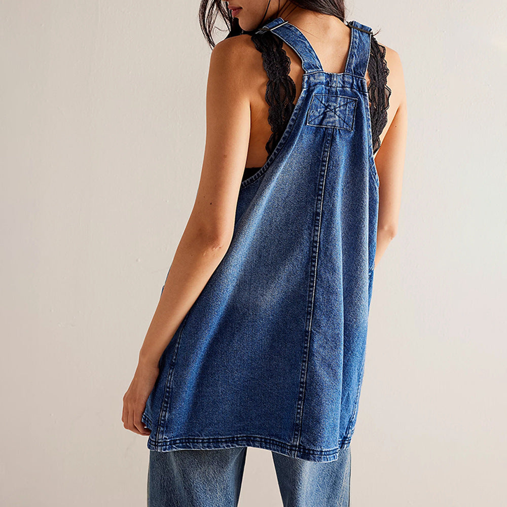 Damen Jeanslatzhängerkleid mit verstellbaren Trägern und praktischen Taschen EB