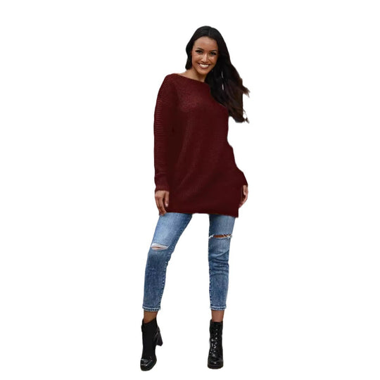 Damen lässiger Strickpullover mit weitem Ausschnitt und Rippstruktur EB