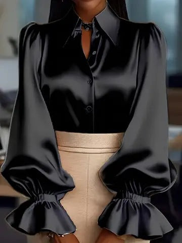 Damen elegante Seidenbluse mit Puffärmeln und schicker Knopfleiste EB