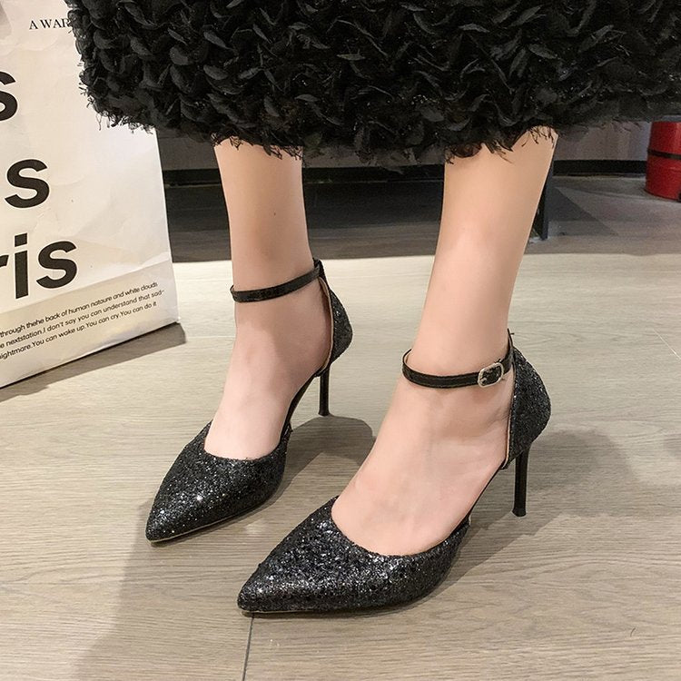 Damen elegante Spitzen High Heels mit transparentem Riemen EB