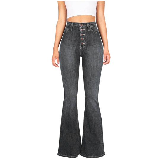 Damen Flared Jeans mit hohem Bund und dekorativer Knopfleiste EB