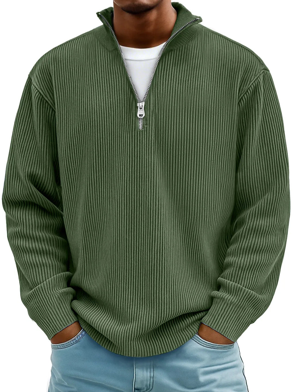 Herren nan gerippter Strickpullover mit halbem Reißverschluss und Stehkragen EB