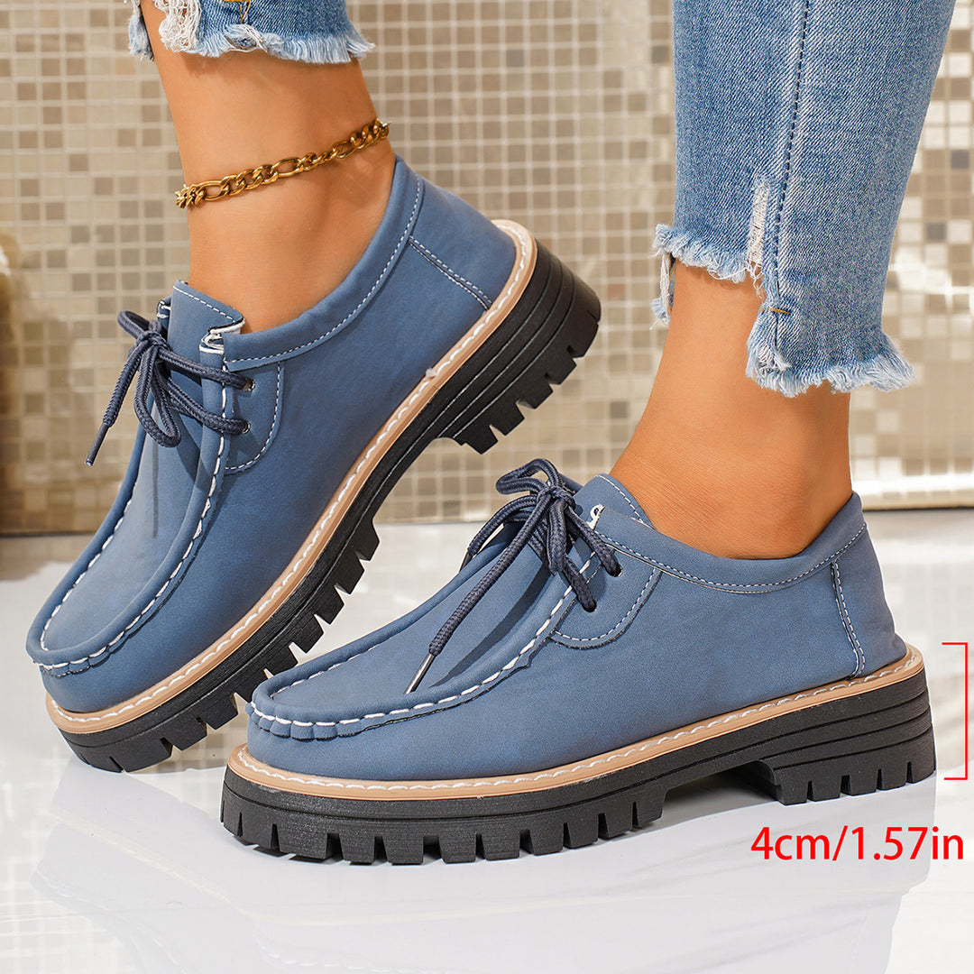 Damen elegante Derby-Schnürer aus Lederimitat mit Mokassinnaht und grober Profilsohle EB
