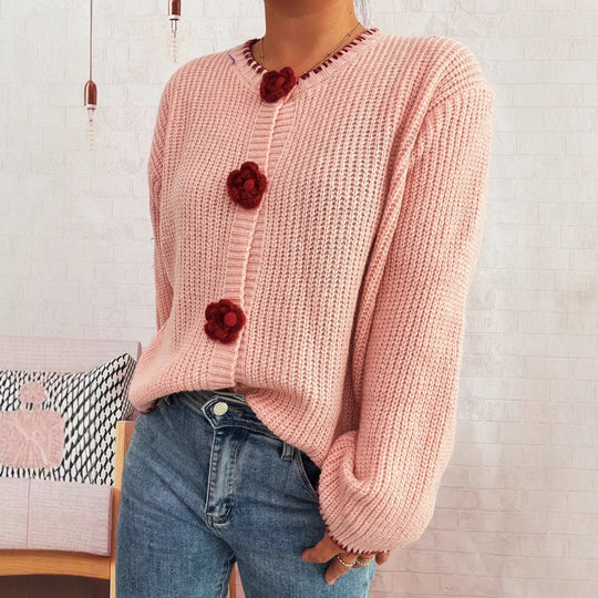 Damen Strickjacke mit floralen Knopfdetails und lässigem Schnitt EB